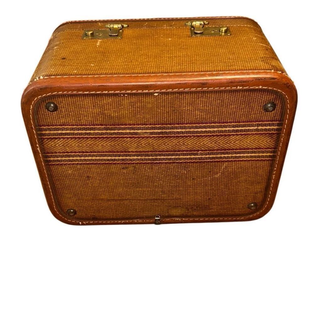 VTG MCM WOODEN, tweed, textured train case w mirror Hard Shell Train/Cosmetic/Ma - Picture 6 of 9